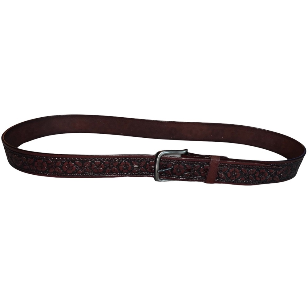 Y2K Dark Brown Floral Pattern Leather Belt